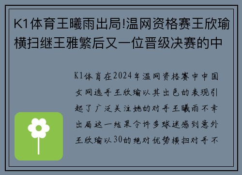 K1体育王曦雨出局!温网资格赛王欣瑜横扫继王雅繁后又一位晋级决赛的中国女将 - 副本