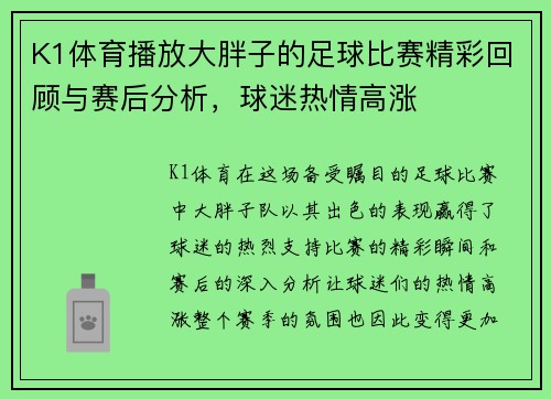 K1体育播放大胖子的足球比赛精彩回顾与赛后分析，球迷热情高涨