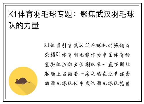 K1体育羽毛球专题：聚焦武汉羽毛球队的力量